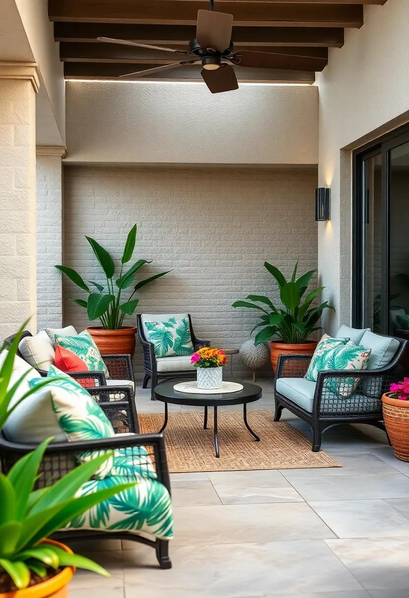 Tropical Touch: Incorporate pillows with palm ⁢leaves ⁤or ​floral designs to bring a tropical‌ paradise feel to your patio