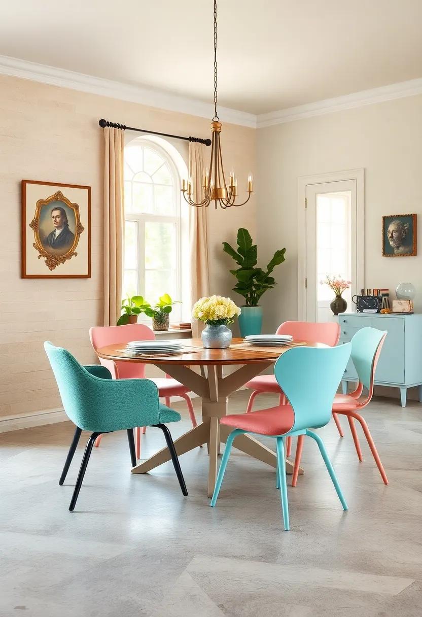 Paint mismatched chairs in coordinating pastel shades to unify while keeping charm