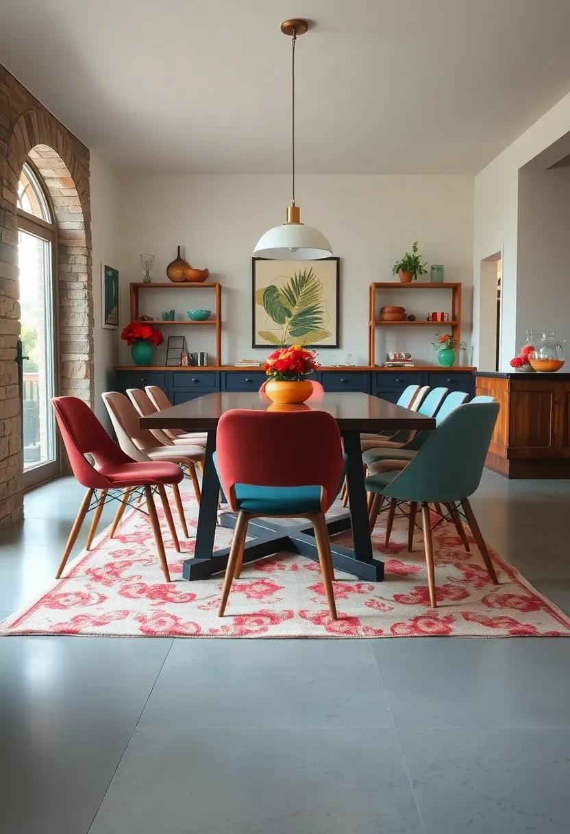 Use a vintage rug under the dining table to ground your eclectic chair arrangement