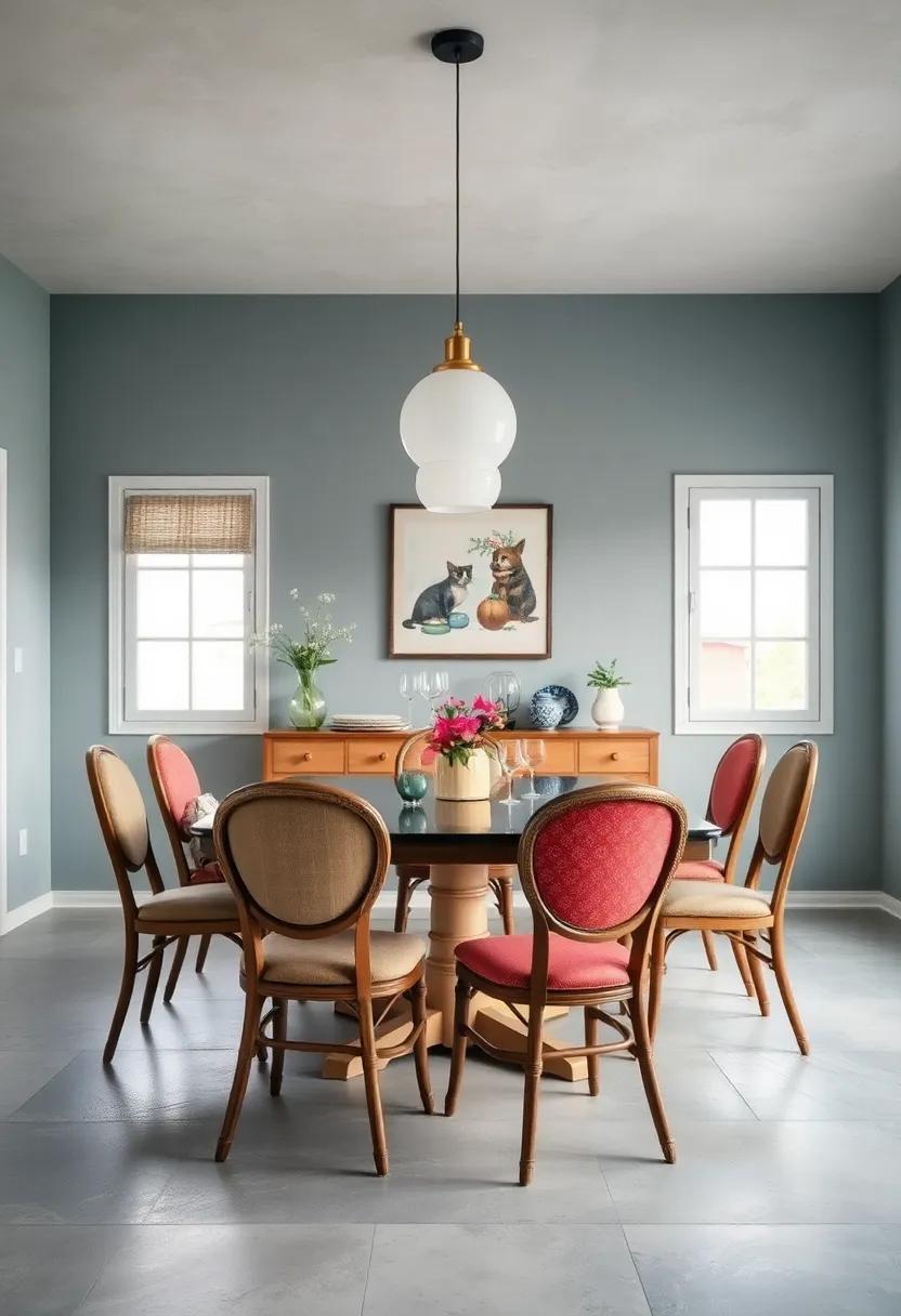 Add antique cushions or seat pads in complementary patterns to tie chairs together