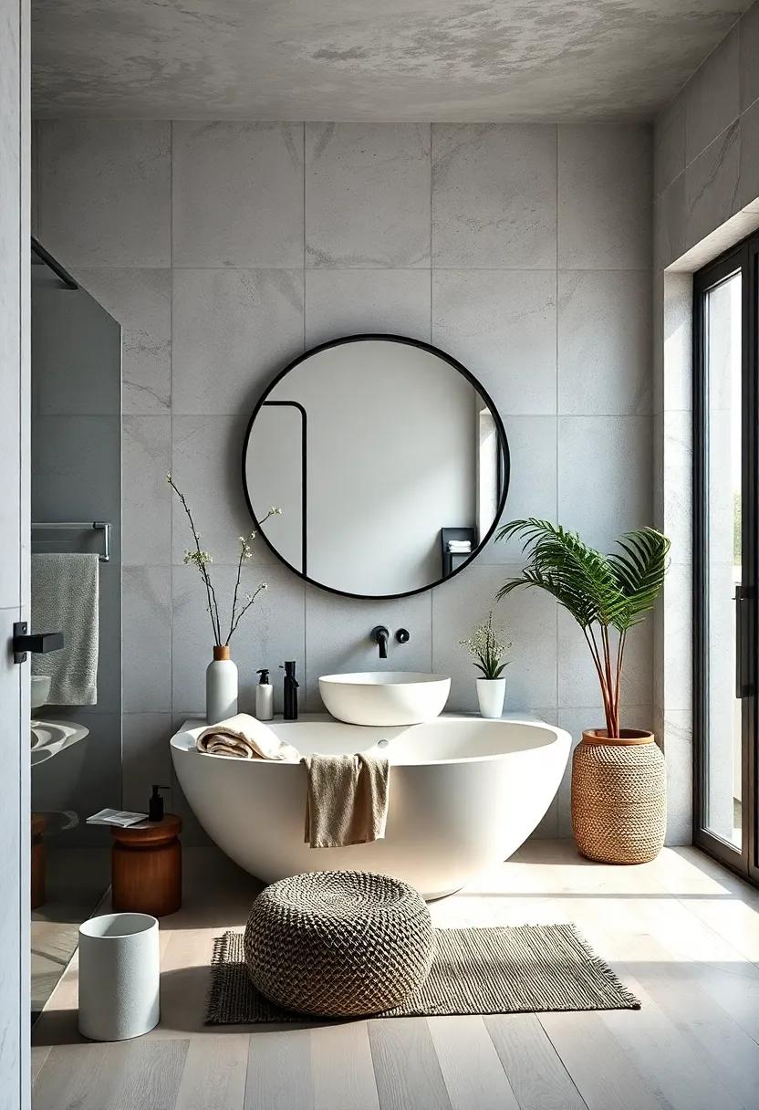 Black and White Balance: A bold black circular mirror enhances the clean, bright atmosphere typical of Scandinavian design