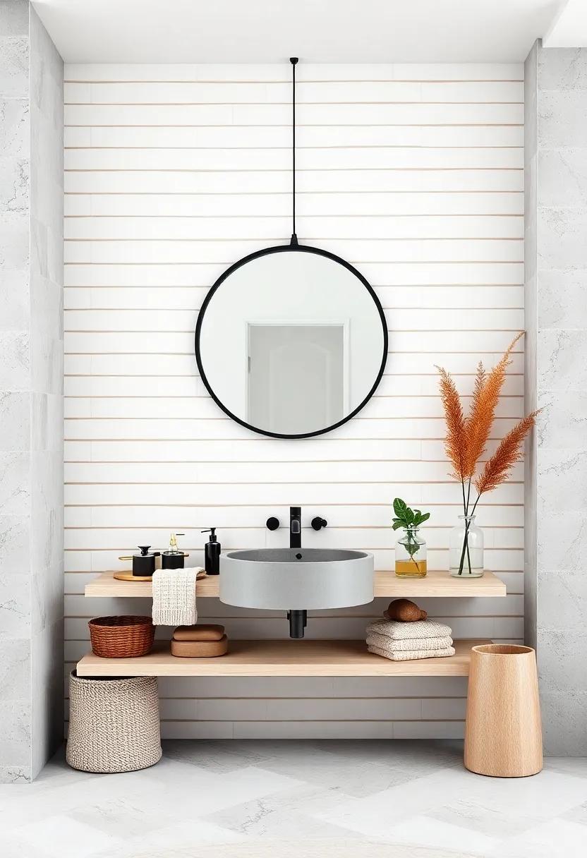 Bold Contrast: Install a large round mirror with a thick black frame on a white subway tile backdrop for striking visual appeal