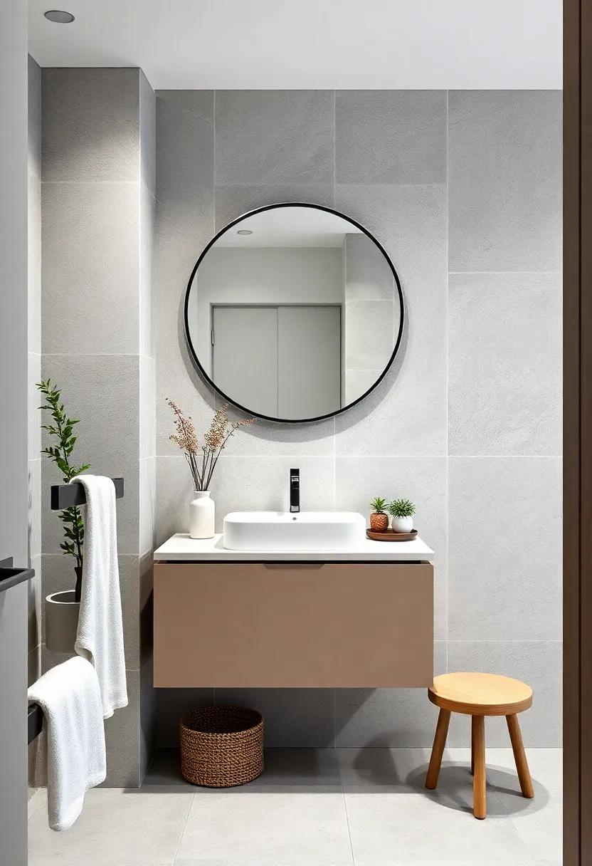 Compact Space Solution: A slim-framed round mirror above a floating vanity maximizes space in small Scandinavian bathrooms