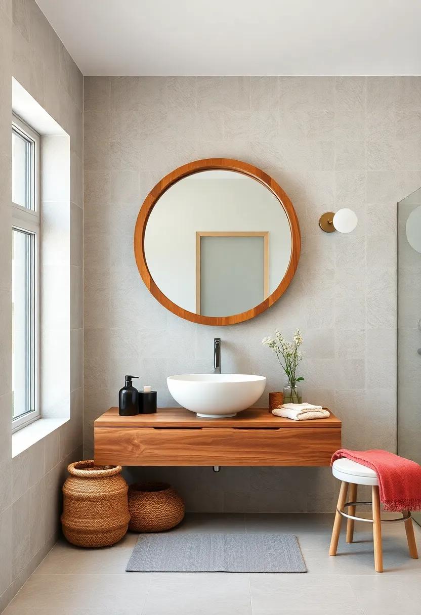 Cozy Cabin Charm: Incorporate a thick, natural wood round mirror to add warmth and rustic appeal to a bright, airy bathroom