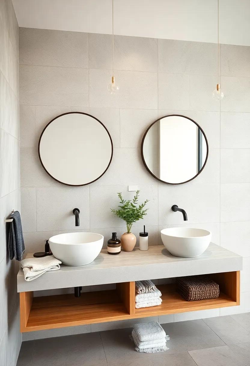 double Vanity Delight: two matching round mirrors with thin metal frames balance paired sinks in a shared bathroom setting