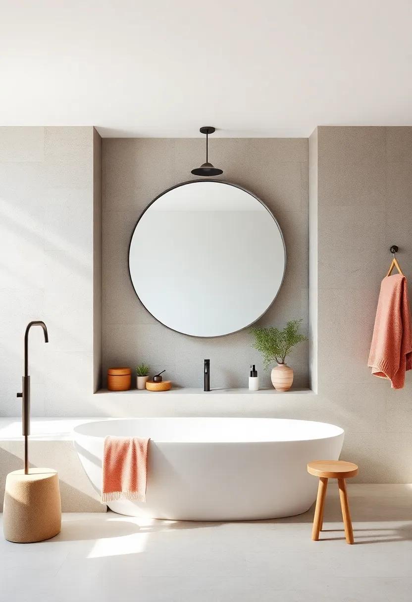 Elegant simplicity: A frameless round mirror emphasizes clean lines and openness for a fresh, uncluttered look