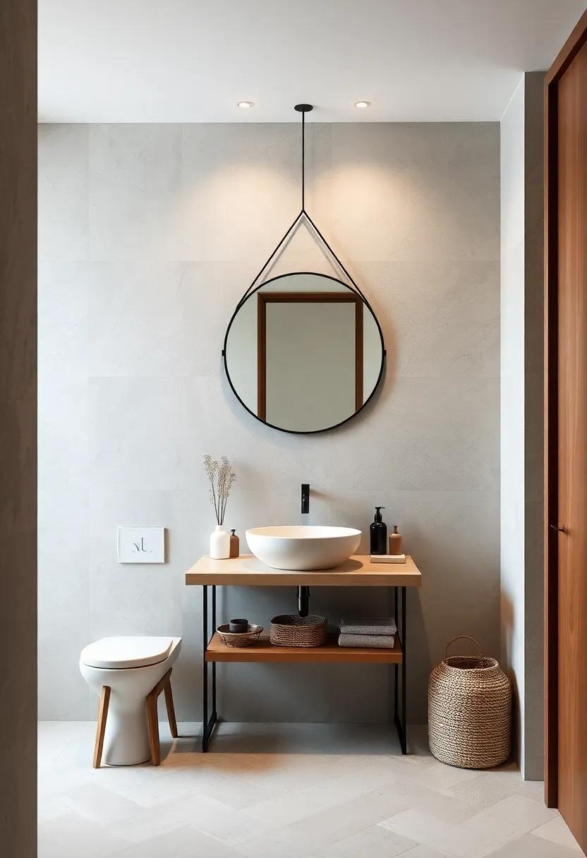 Geometric Harmony: A round mirror suspended by a geometric metal frame adds visual interest while maintaining minimalistic charm