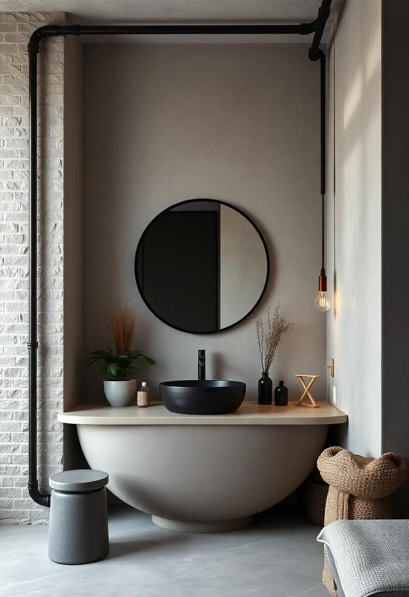 Industrial Nordic: Combine a matte black round mirror with exposed pipes and concrete surfaces for a raw, stylish edge