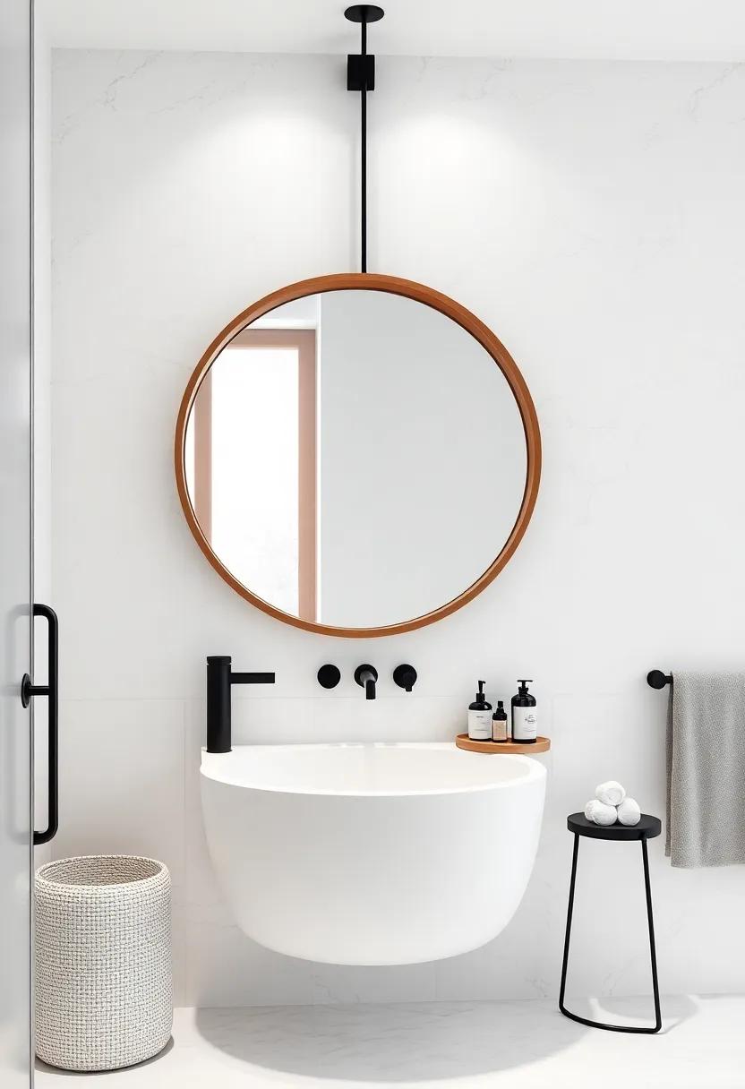 Minimalist Elegance: A sleek wooden frame round mirror paired with clean white tiles and matte black fixtures creates a serene Scandinavian vibe