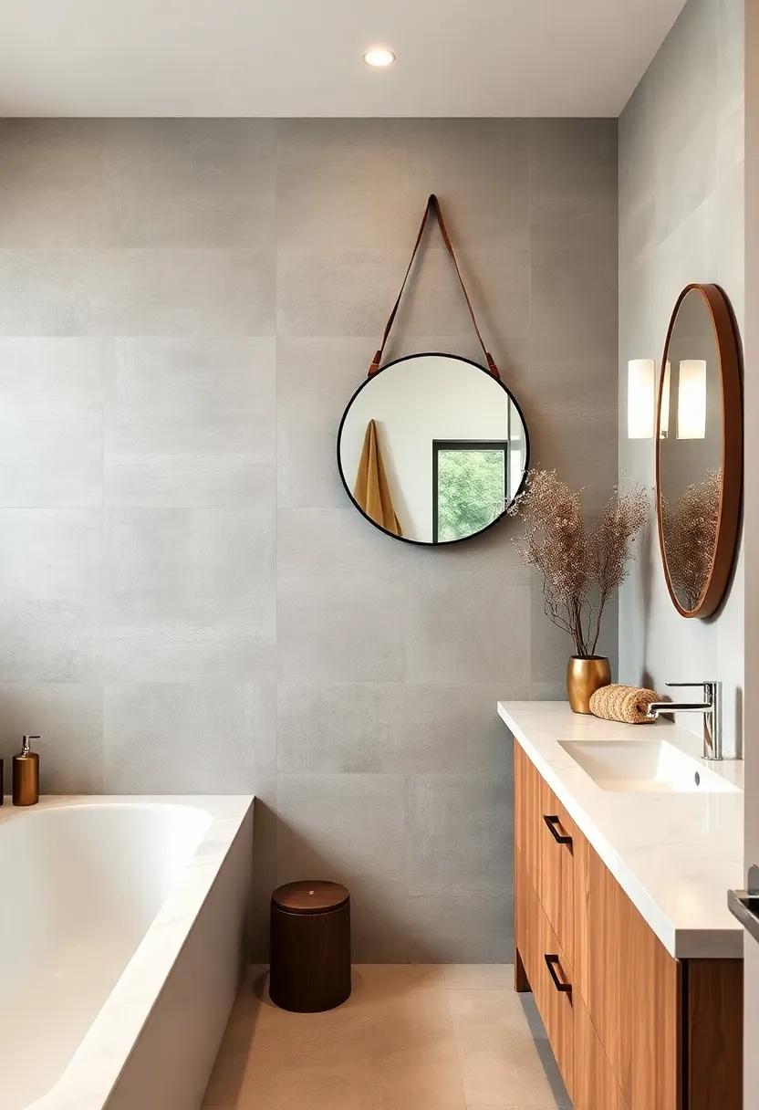 Mixed Materials: Blend a leather-strapped round mirror with metal fixtures and smooth laminate vanities for eclectic sophistication