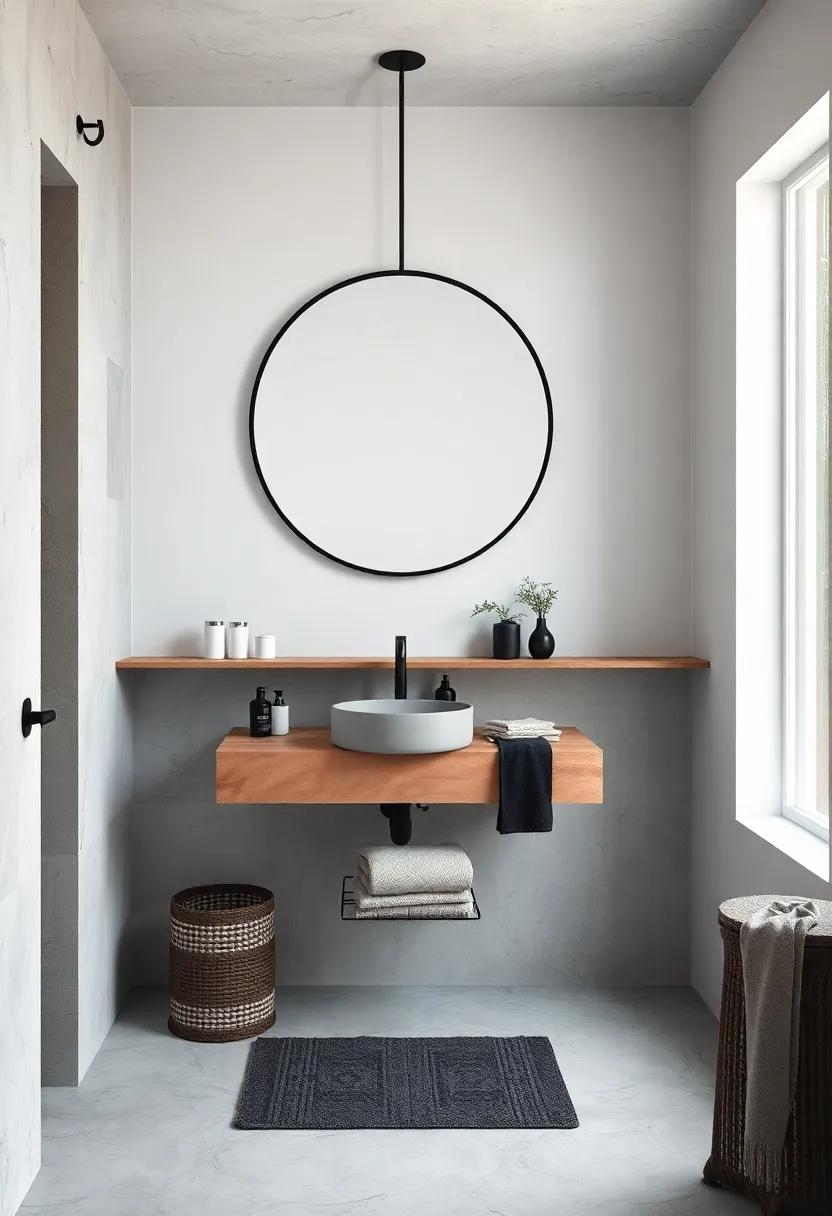 Monochrome Magic: Use a black metal round mirror to contrast white walls and monochrome accessories, embracing a modern Scandinavian look