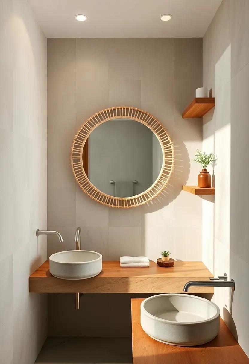 natural Textures: Combine a rattan-wrapped round mirror with stone sinks and wooden shelves for an organic Scandinavian aesthetic