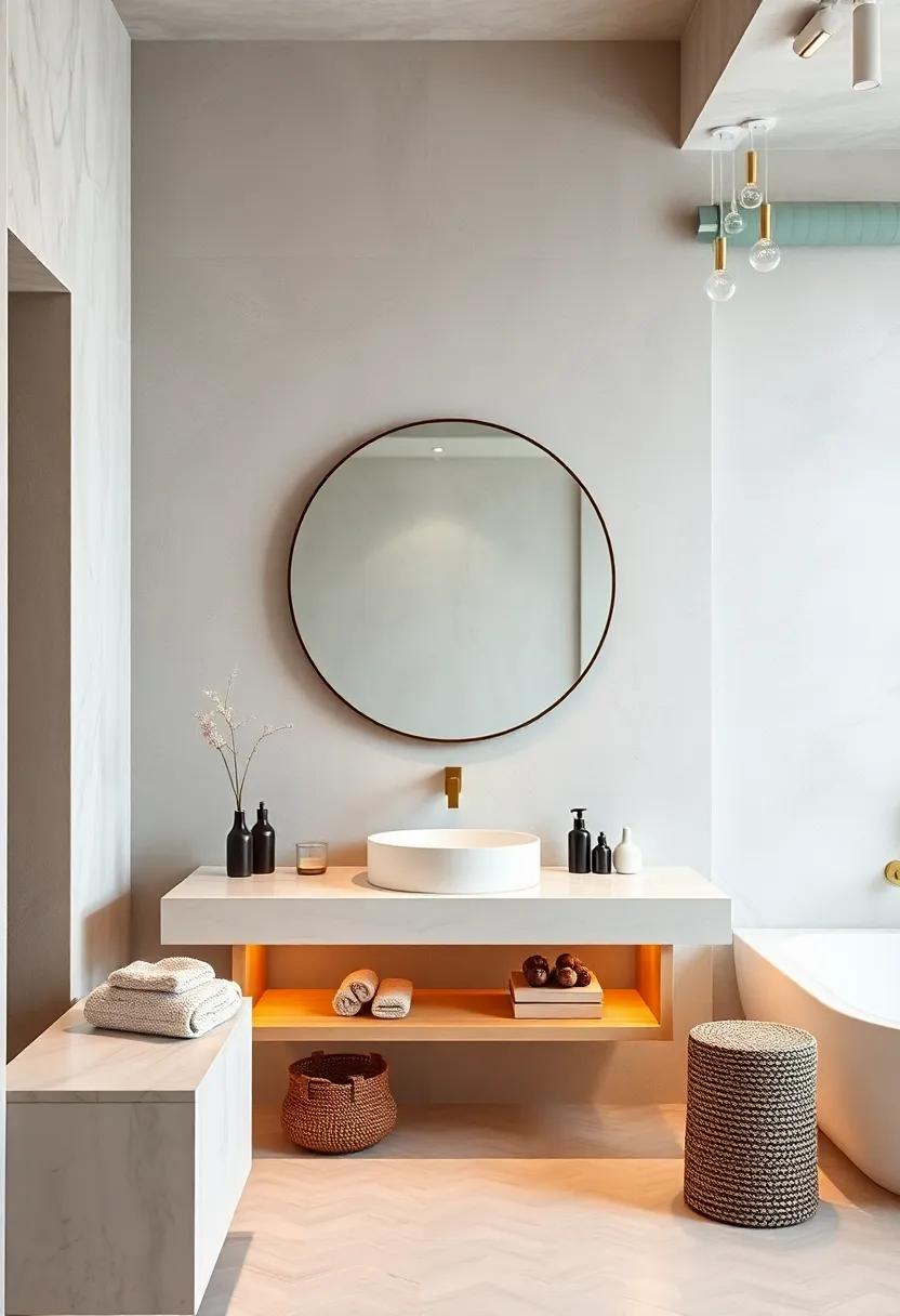 Scandinavian Spa Feel: Pair an oversized round mirror with warm lighting and white marble counters to evoke a tranquil spa environment