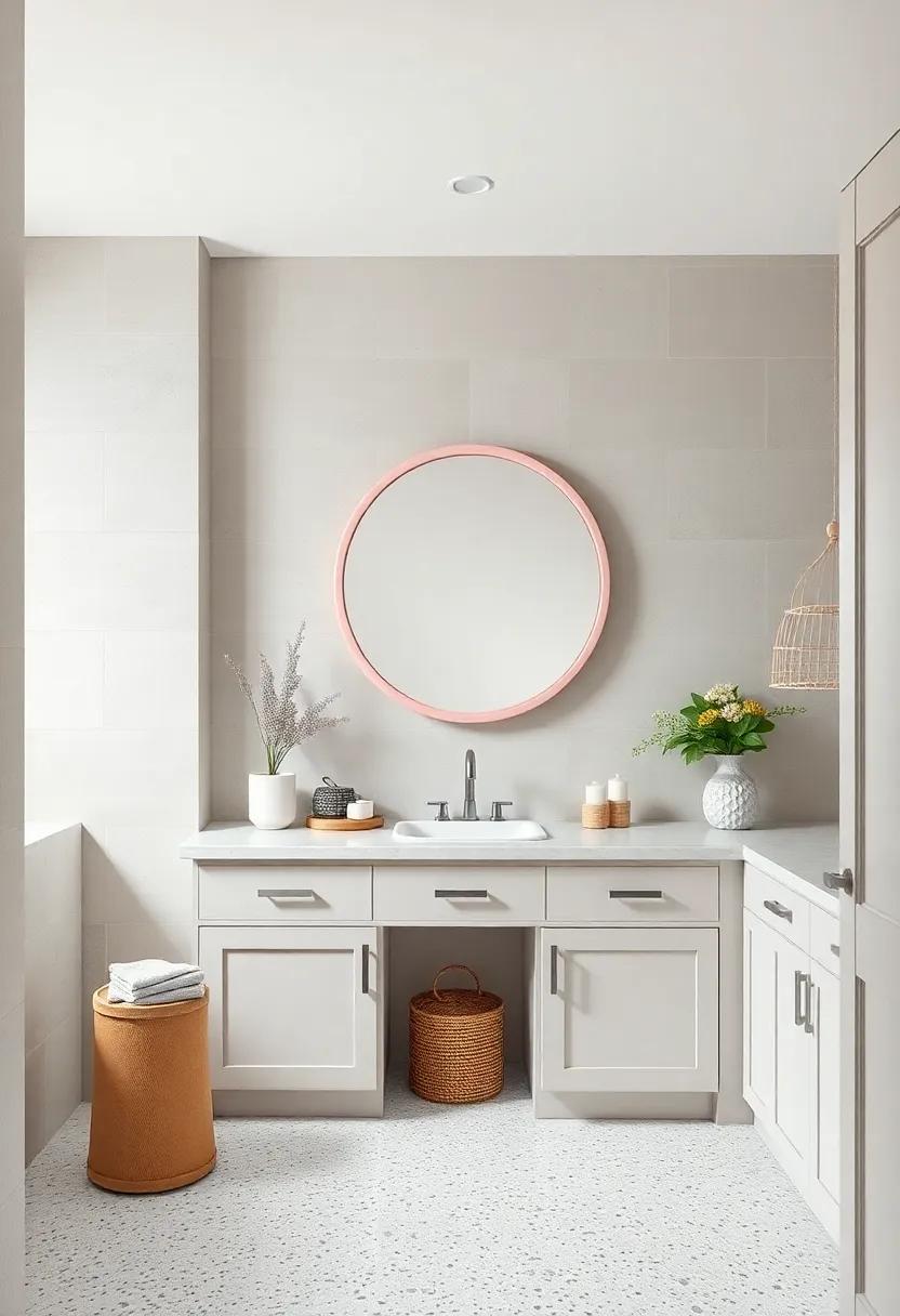 Soft Pastel Accents: Pair a soft pink framed round mirror with light grey cabinets and terrazzo flooring for a subtle, stylish twist
