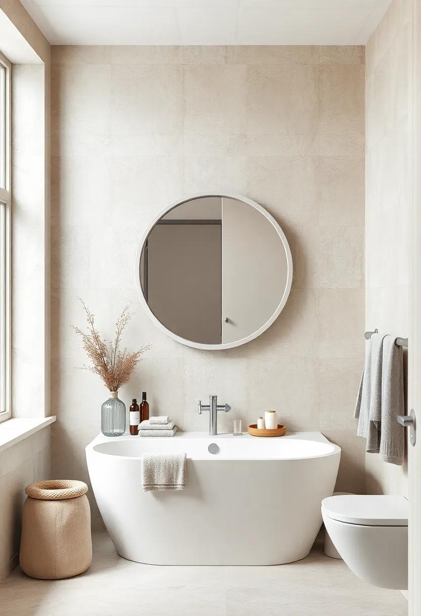Soft Neutrals: Use a light grey framed round mirror against beige walls and pale wood for a calming palette