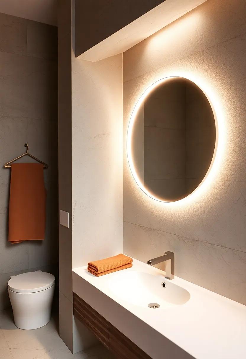Soft glow: Backlit round mirrors introduce indirect light, perfect for enhancing mood and functionality