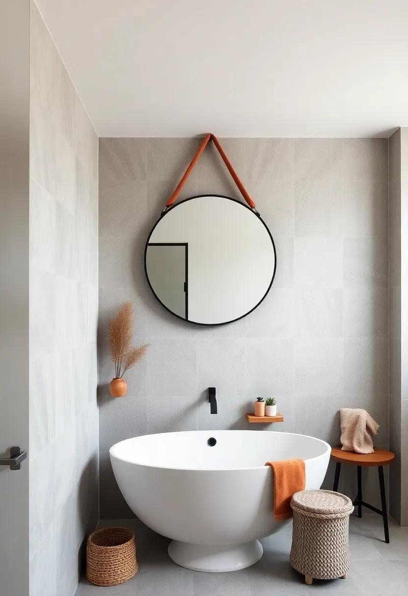 Textural Contrast: Place a velvet strap-hung round mirror against smooth ceramic walls for tactile variety in the space
