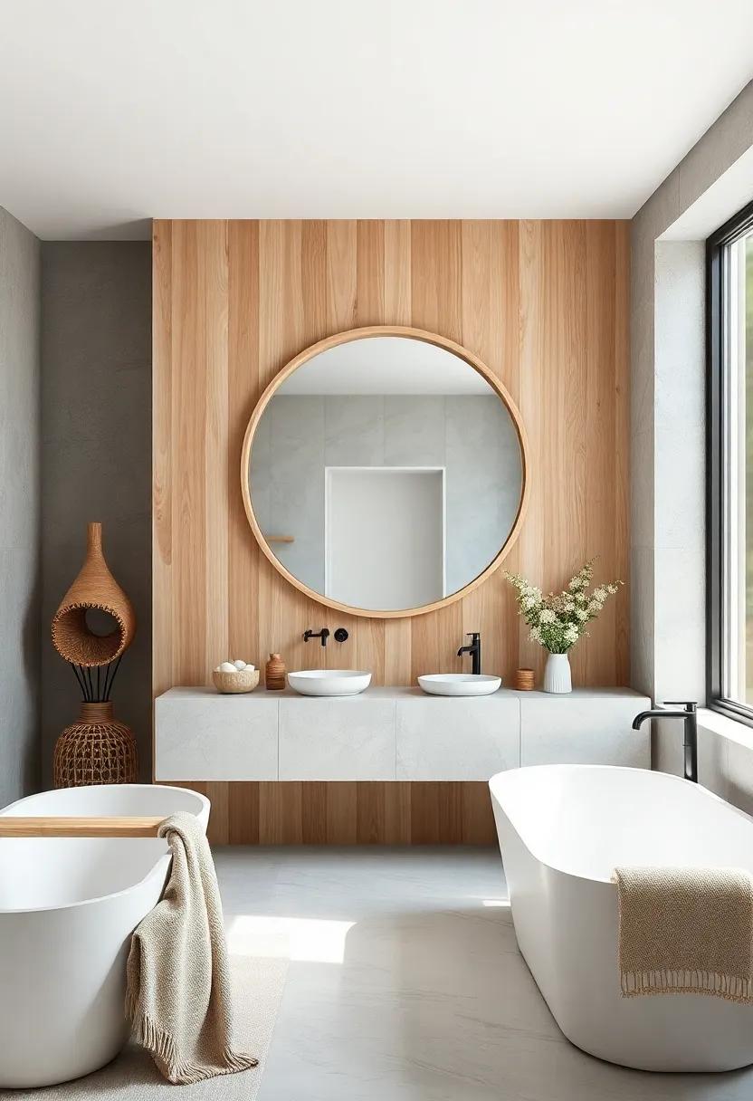 Wood and White Wonder: A circular mirror framed in bleached oak wood complements white freestanding tubs and natural linens