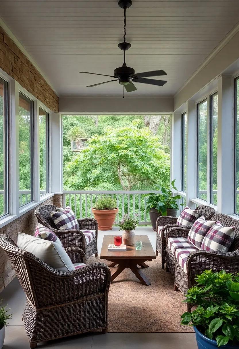 balance rustic wicker furniture with cushions in plaid patterns for a classic farmhouse feel