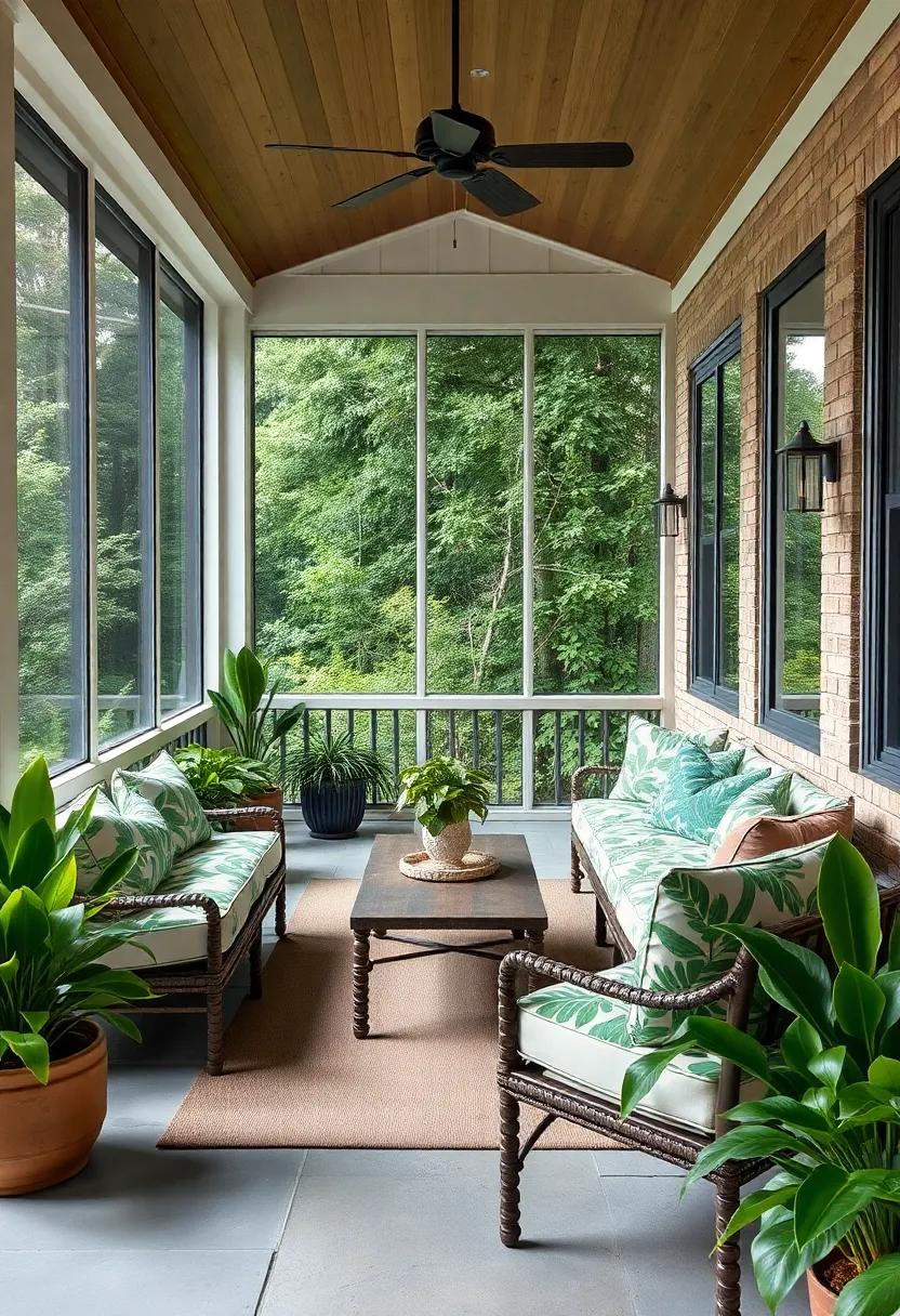 Choose oversized botanical prints in vibrant greens to connect your screened porch with the surrounding nature effortlessly