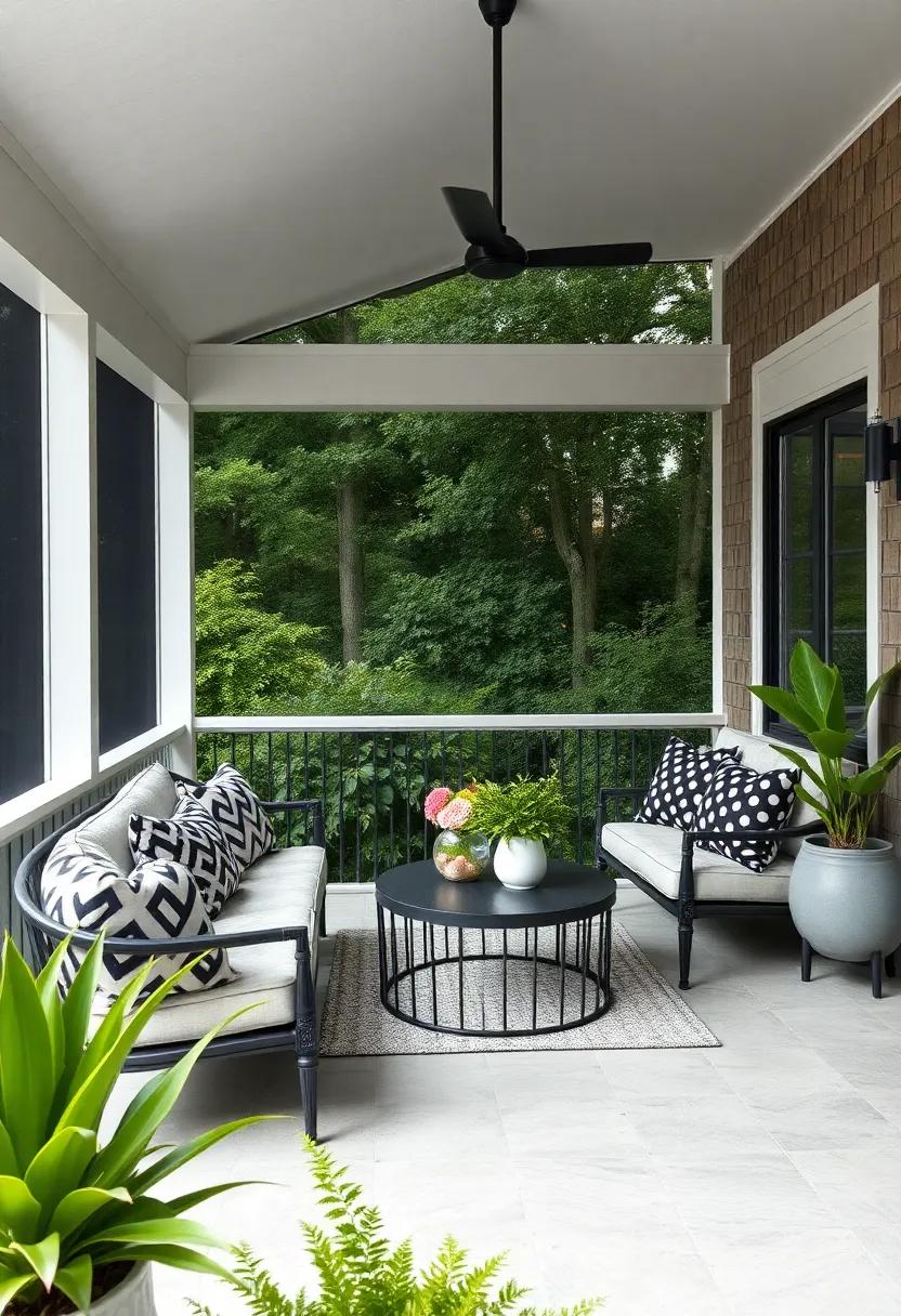 Combine chevron and polka dot cushions in a monochrome palette for a chic and sophisticated outdoor seating area