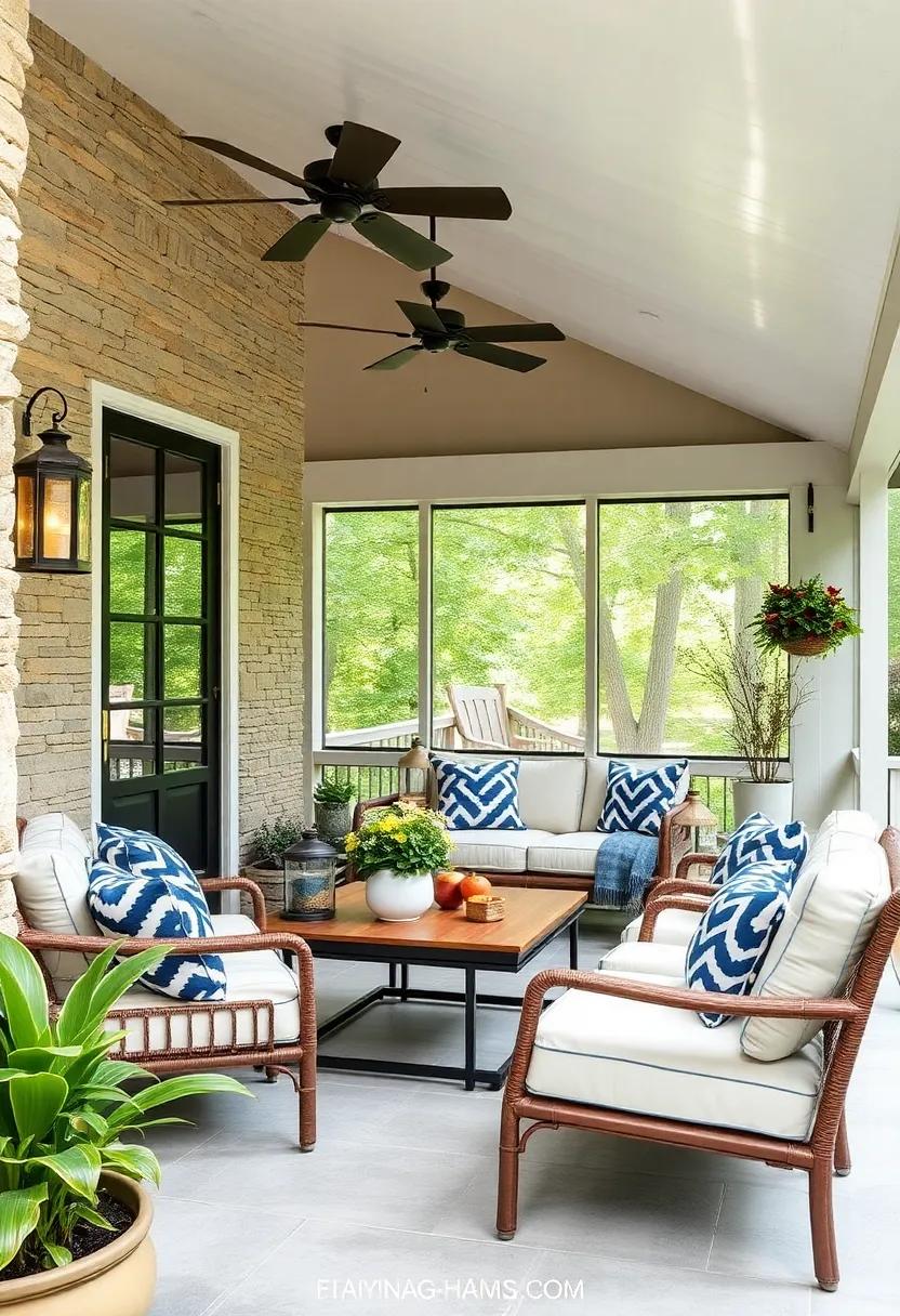 Embrace bold geometrics with navy and white patterned cushions that add a crisp, modern vibe to a rustic screened porch space