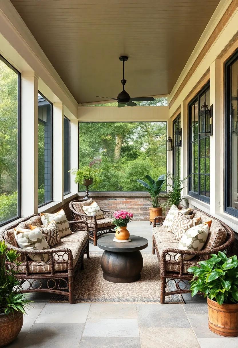 Opt for muted earth tones in tribal patterns to ground your porch with a natural, serene aesthetic