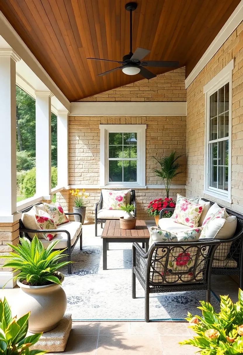Play with cushions featuring hand-painted look florals and beaded accents to elevate your screened porch with artisanal detail