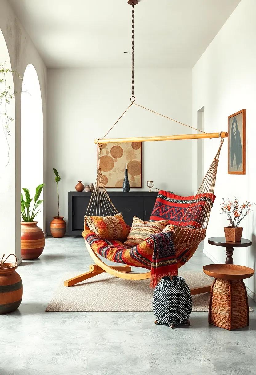 Chilean wooden frame hammock ‍chair adorned with colorful‌ Andean textiles