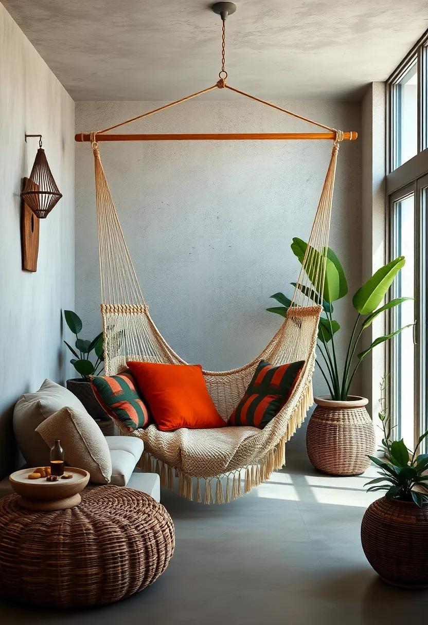 Ecuadorian handwoven hammock with ⁣delicate ‍macramé accents and tropical color palette