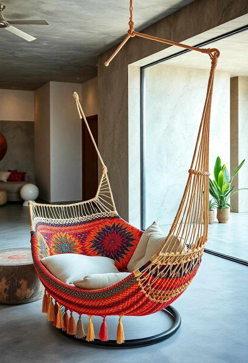 Vibrant Colombian Wayuu hammock chair with intricate woven ‍patterns and bright colors