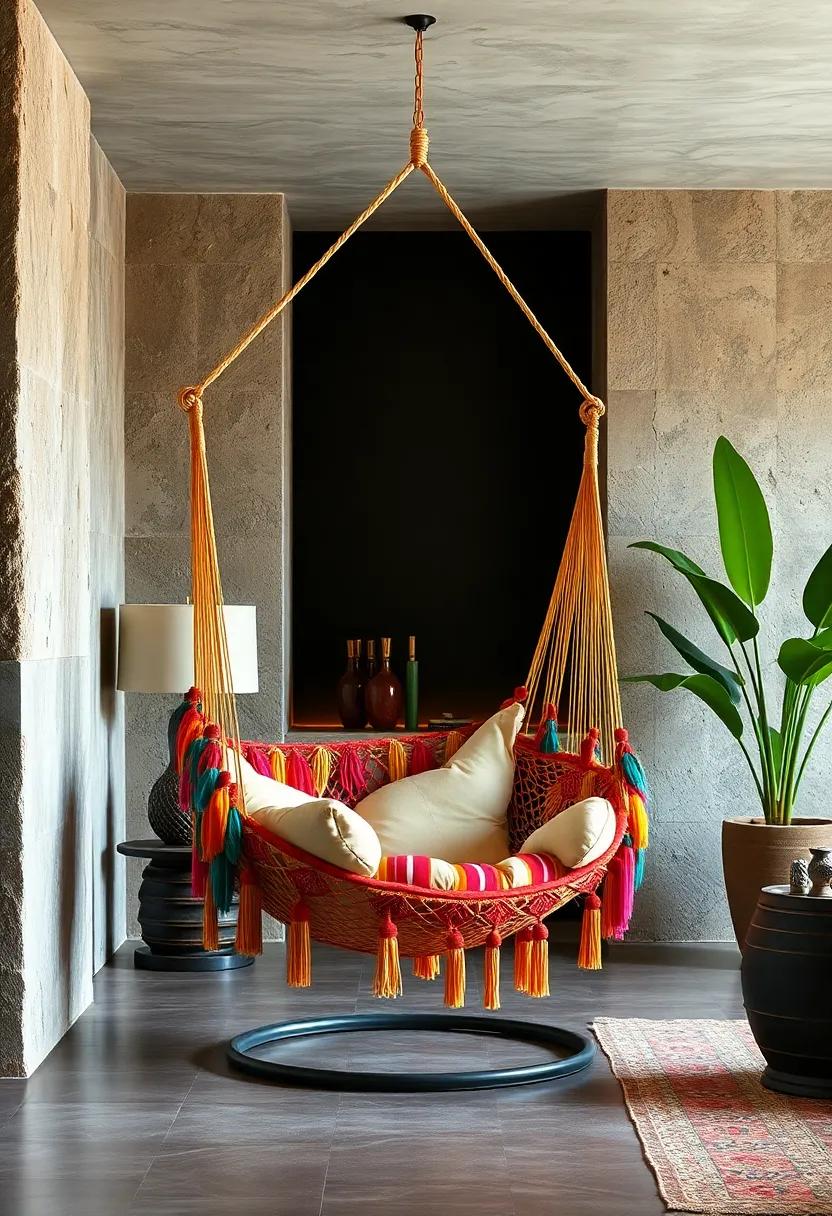 Vibrant hammock ⁣chair‌ accented with ‍feathers ⁤and beads⁣ inspired by ‍indigenous⁣ South American cultures