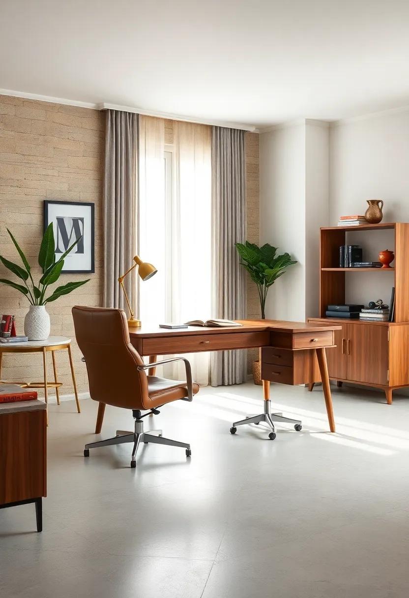 embrace classic⁤ charm ‌with a mid-century teak‍ executive desk paired ‍with a sleek leather ‌swivel ​chair for a refined vintage office look