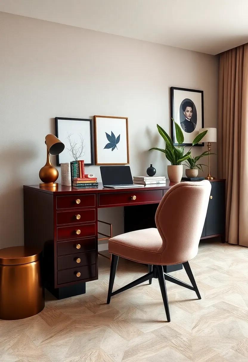 Bring ‌in‌ a Hollywood ⁣Regency-inspired lacquered desk paired with a⁢ chic velvet side chair‍ for luxurious vintage glamour