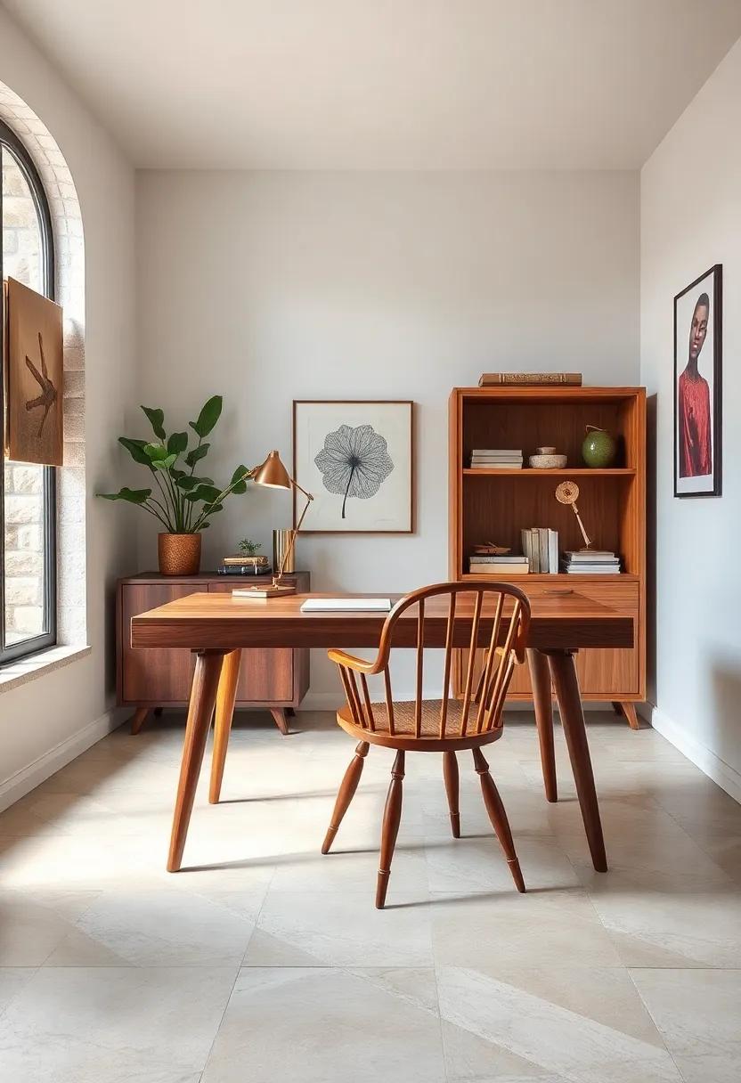 Choose ⁢a walnut veneer desk with tapered legs paired ⁣with ‍a wooden ‌spindle chair ‌to bring warmth and⁢ natural texture to your ‍office