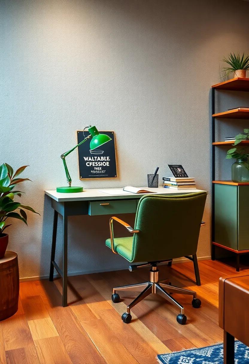 Add a⁣ nostalgic⁣ vibe‌ with a classic green‍ banker's lamp on a mid-century ⁣metal desk, complemented⁤ by ⁢a ​vintage⁣ swivel ⁢chair with casters