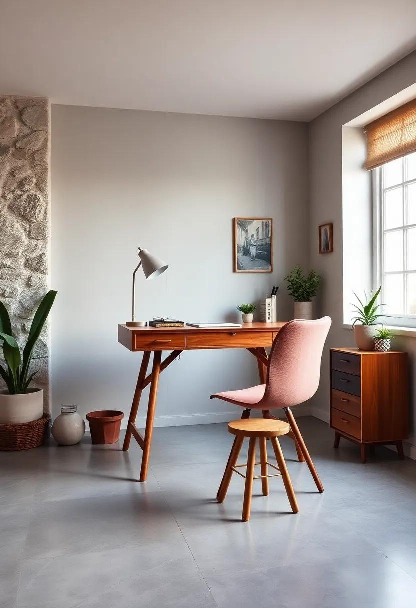 select ⁣a rustic⁤ mid-century drafting table as a versatile desk ​option, paired with⁤ a simple⁢ wooden stool for⁢ a ‍creative workspace