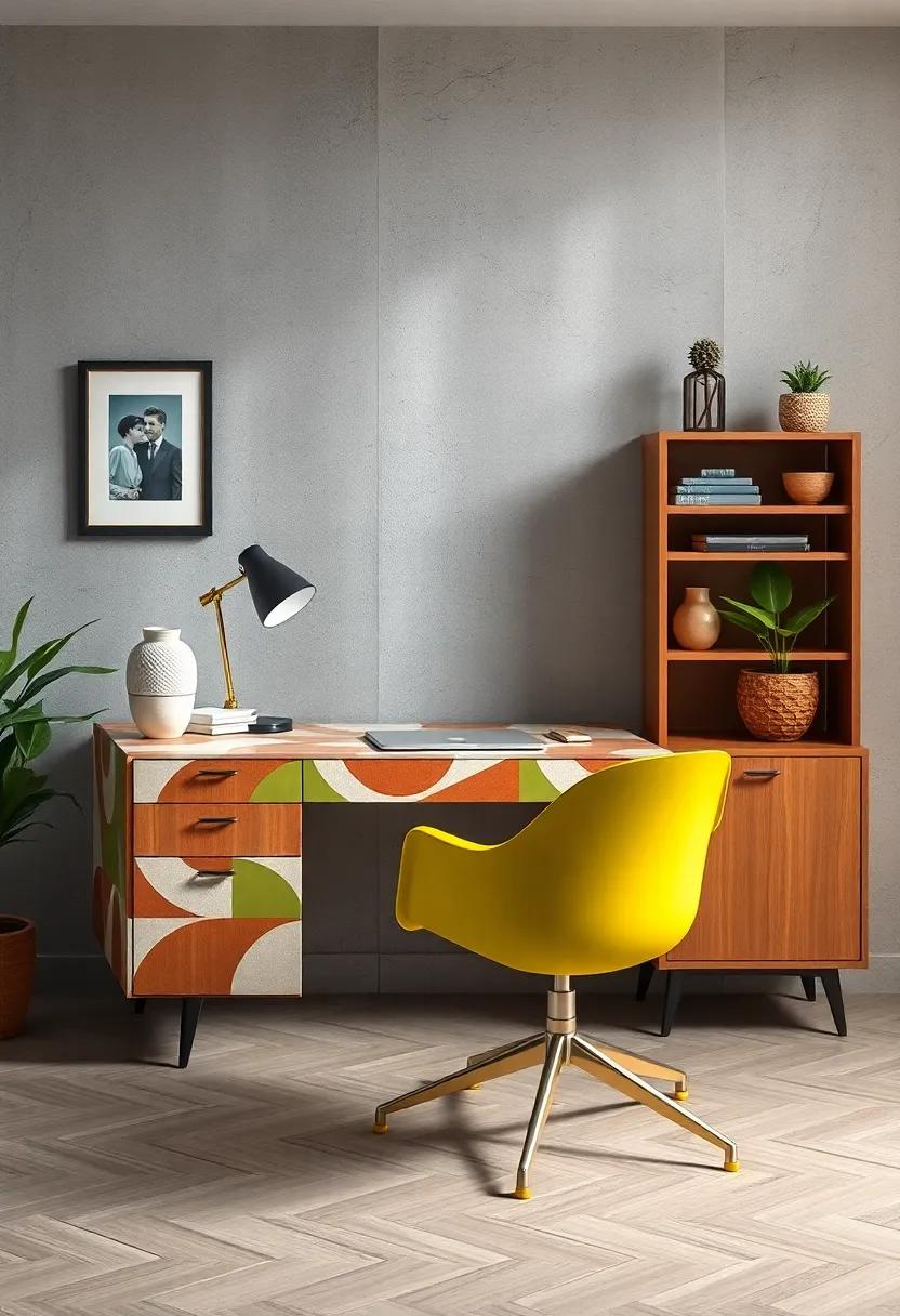 mix form and function‌ with a ⁣retro ‍laminate desk featuring bold geometric patterns and a brightly colored molded ⁢fiberglass chair
