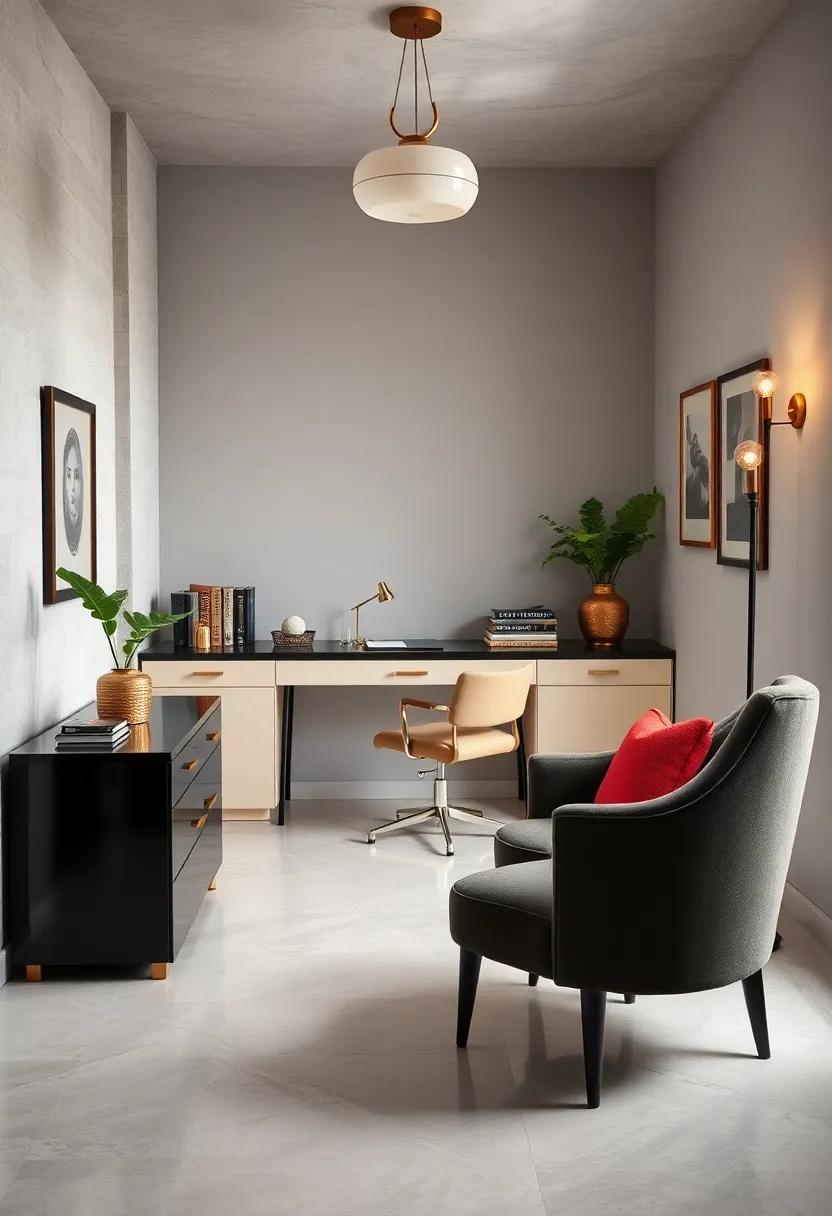 Highlight⁢ craftsmanship with an art deco desk boasting glossy black ⁣surfaces ‌and⁤ brass accents, paired with⁤ a velvet​ upholstered armchair