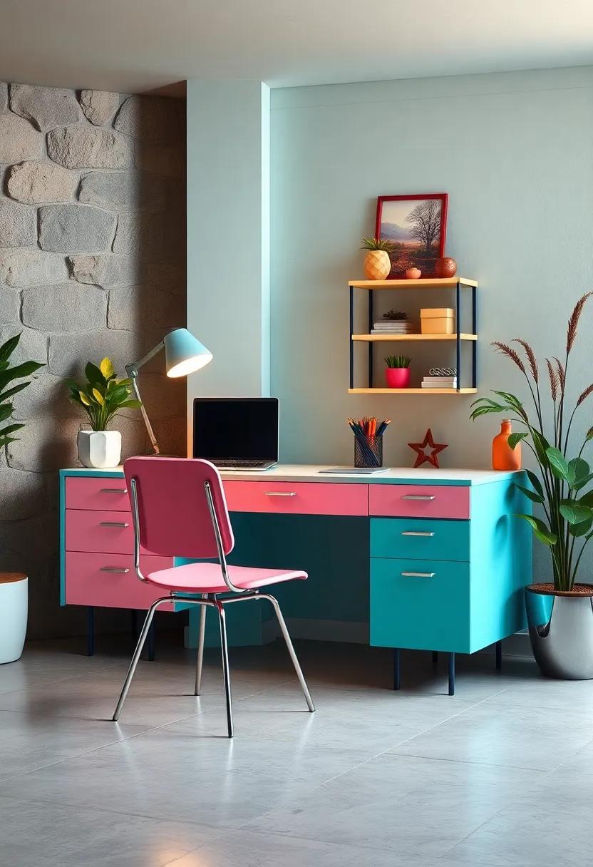 Add a‌ pop of color with a 1960s ‍laminate​ desk in pastel ⁤hues paired⁢ with a matching metal and vinyl chair‍ for a cheerful, retro look