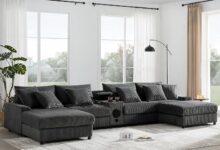 144″ Corduroy Sectional Couch with Speakers: Comfort Meets Tech