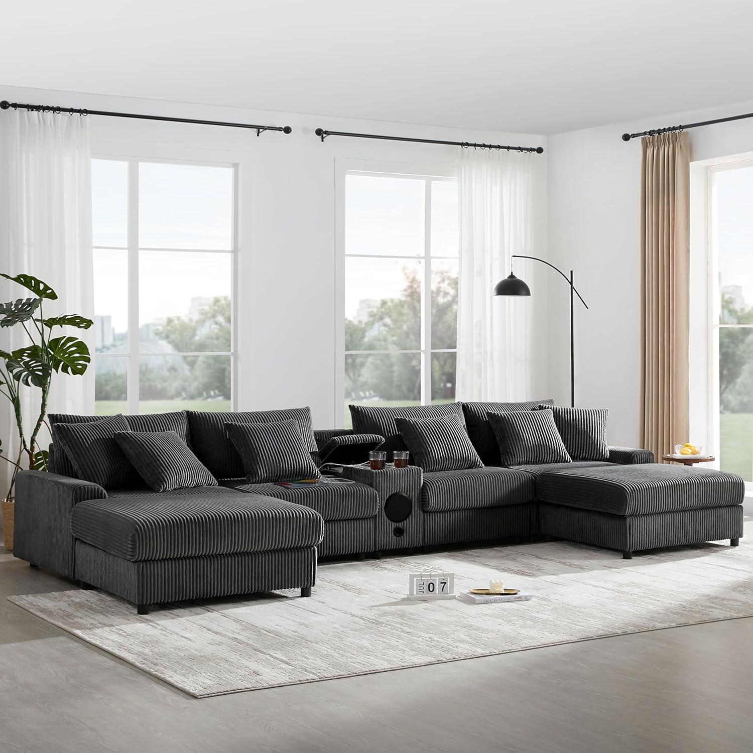 144″ Corduroy Sectional Couch with Speakers: Comfort Meets Tech