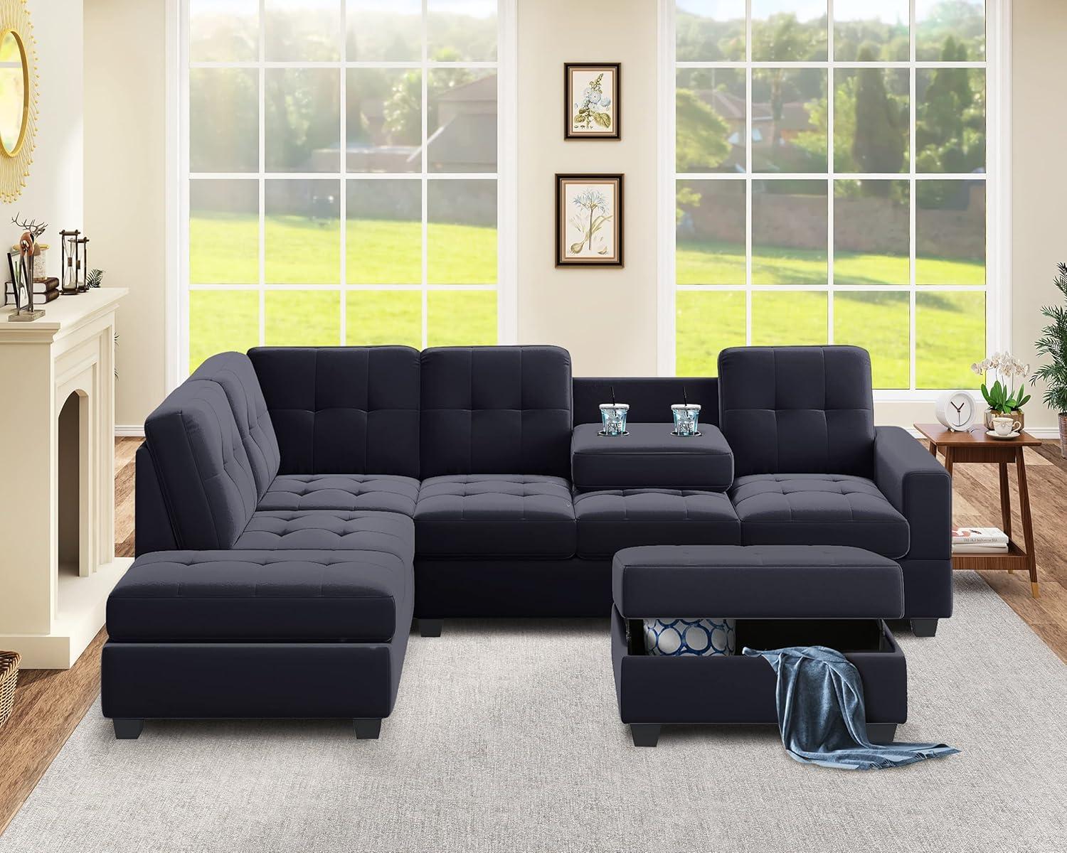 Velvet L-Shaped Sectional Sofa with Storage and Cup Holders