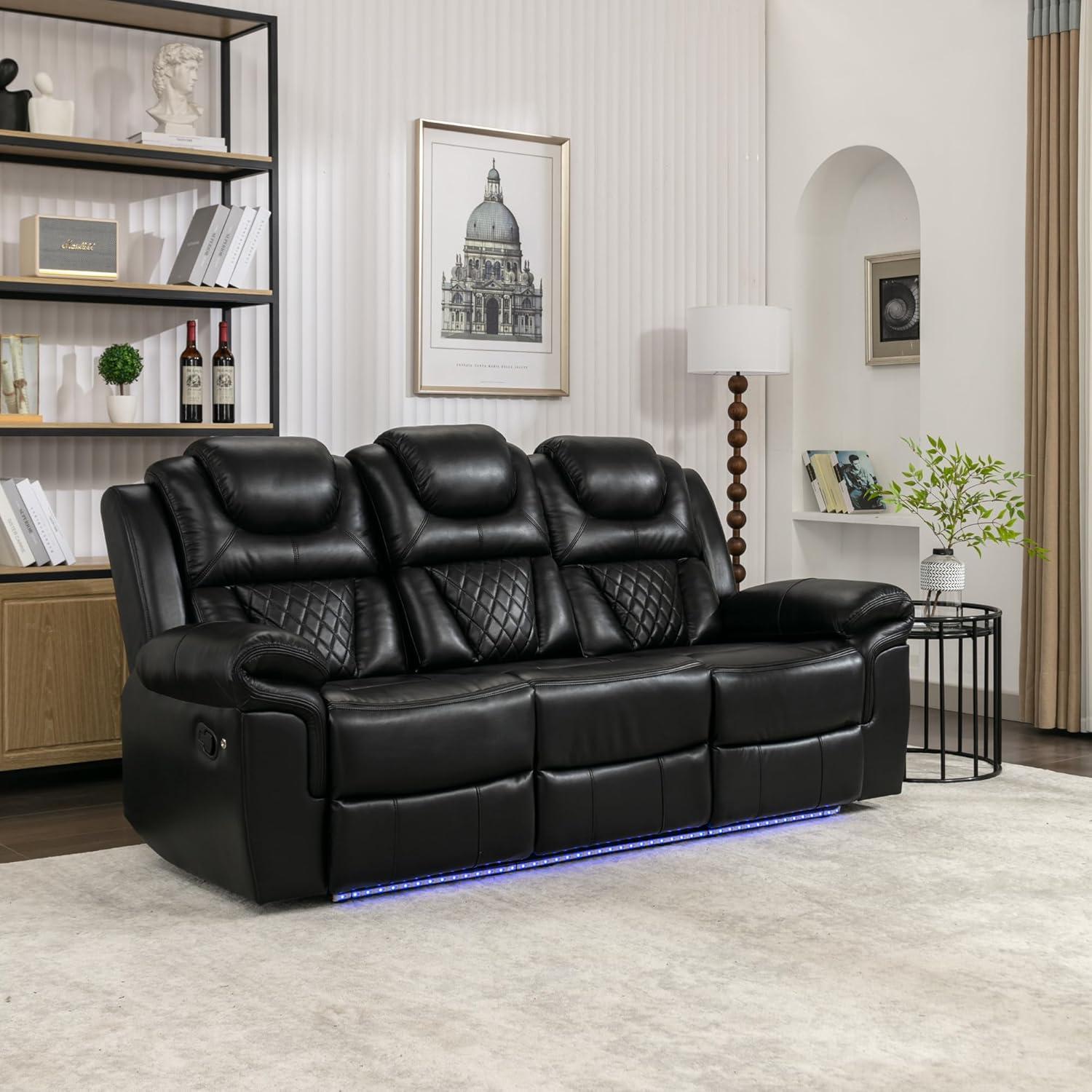 83 Reclining Sofa Set With Led Lights Usb And Cup Holders