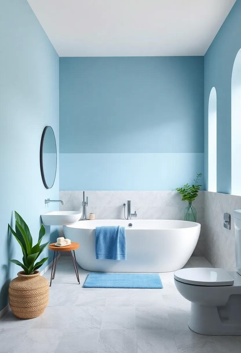 Soft Sky Blue and crisp white: A classic pairing that brings a serene and airy feel to any bathroom, perfect for a morning refresh