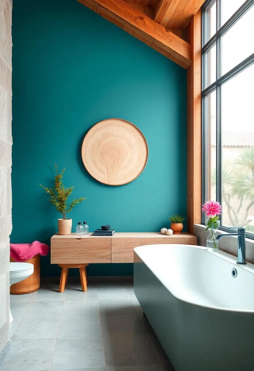 Teal Blue with Natural Wood Elements: The rich teal walls paired with warm wood create an inviting and earthy atmosphere