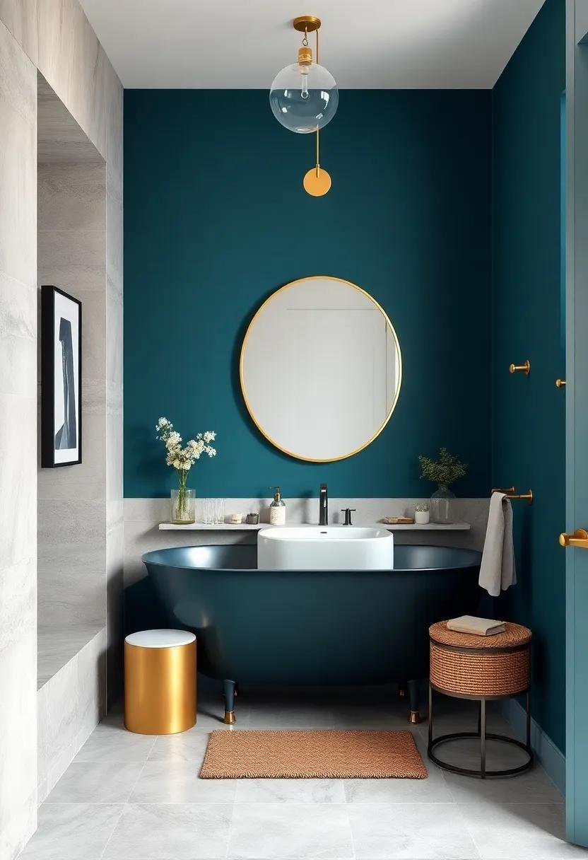 Deep Teal with Brass Details: Rich, immersive color contrasted by gleaming brass keeps the bathroom elegant and stylish