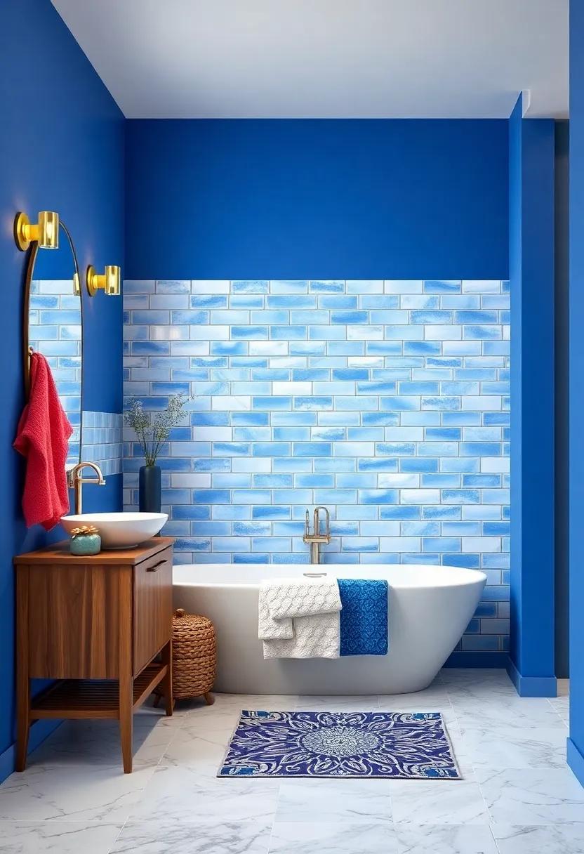 Royal Blue and White Subway Tiles: Bold royal blue walls combined with classic white tiles offer a timeless, fresh look