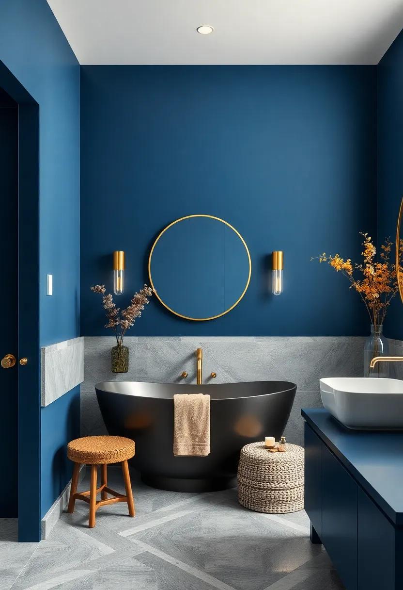 Navy Blue with Gold Accents: Deep navy walls accented by subtle gold fixtures create a luxurious and sophisticated space