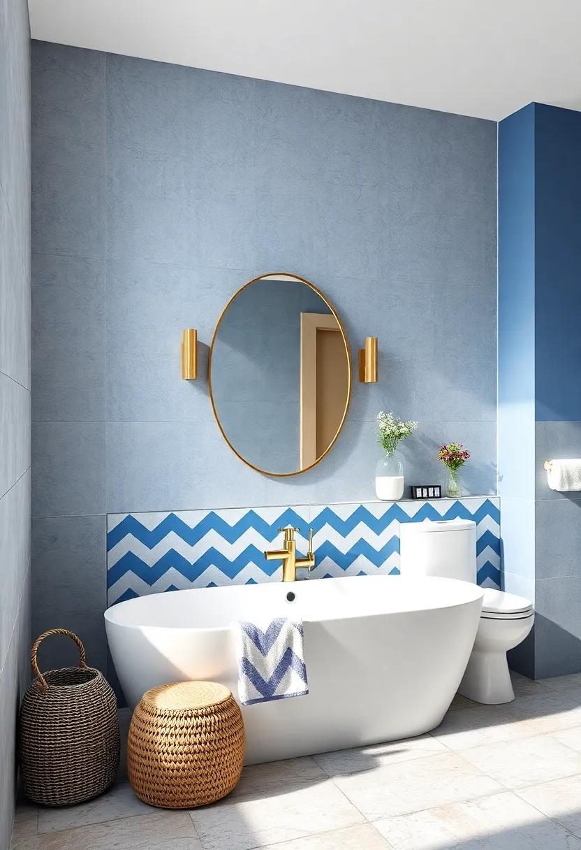 Blue and White Chevron Patterns: Adding visual interest, this energetic pattern keeps the bathroom lively yet balanced